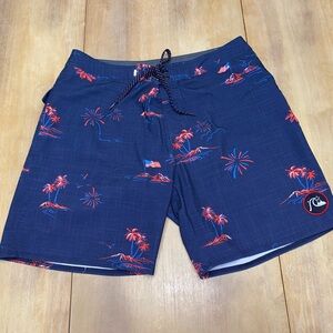 Quiksilver Navy Swim Shorts with Red Tropical Print